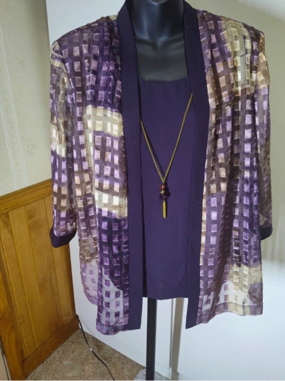 R&M Richards Purple Beige Geometric Suit Jacket 3/4 Sleeve Open Front Size 14